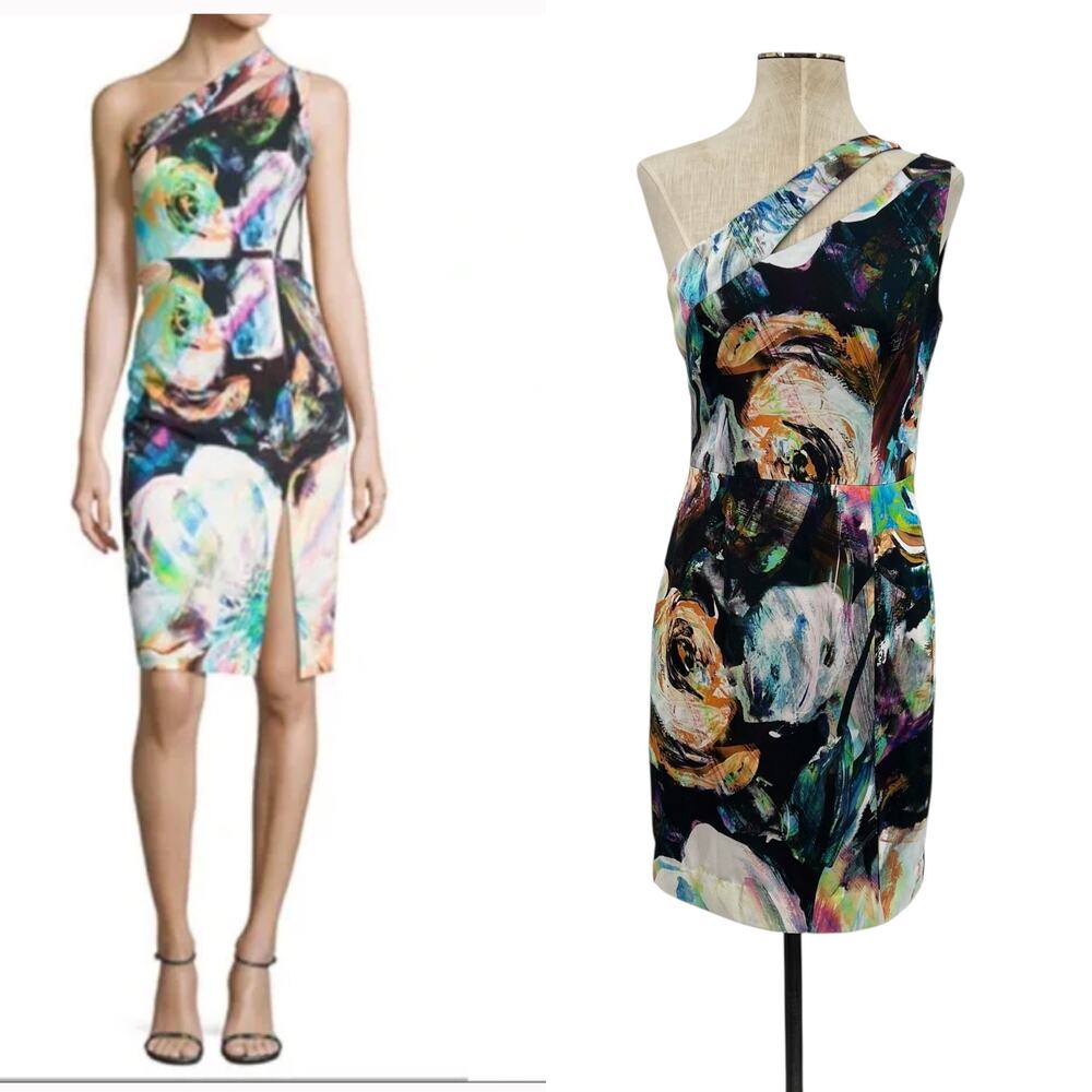 Black Halo Yara Cocktail Dress One Shoulder Colorful Abstract Print Size 4